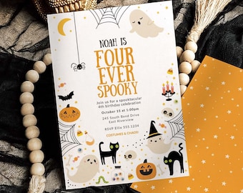 Four Ever Spooky Invitation, Ghost 4th Birthday Party Invitation, Halloween Birthday Invitation Template Printable, Editable Invite B423