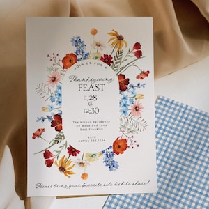 Thanksgiving Invitation, Floral Fall Friends giving Invite Template, B453