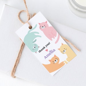 Cat Thank You Tags, Cute Pastel Kittens Party Favor Tag Template, Girl Birthday Editable Favour Tags  Printable, Cat Lover Party Decor 8351