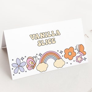 Etiquetas de comida de aniversário Groovy, modelo de cartão de lugar de aniversário de menina retrô editável, decorações de festa de aniversário hippie, cartões de buffet para impressão B174