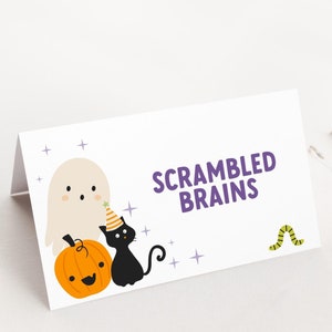Étiquettes de nourriture d'anniversaire Halloween, marque-places modifiables de fête d'anniversaire fantasmagorique, décoration d'anniversaire de garçon, modèle d'étiquette de buffet fantôme mignon B434