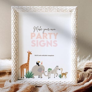 Wild One Party Signs, Safari Animal Birthday Party Sign Template, Printable Jungle Birthday Decorations, Zoo Birthday Party Decor B395