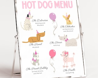 Hot Dog Menu Template, Pink Puppy Birthday Party Sign B939