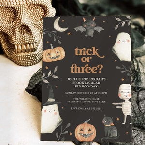 Trick or Three Birthday Invitation, Halloween Boy 3rd Birthday Invitation, Editable Spooky Third Birthday Invite, Halloween Party Evite B103