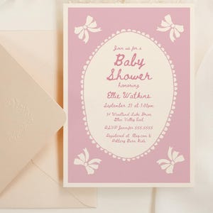 Mädchen-Babyparty-Einladung, rosa Bogen-Babyparty-Einladung, handgeschriebene Babyparty-Einladungsvorlage, bearbeitbares Baby-Sprinkle Evite C045