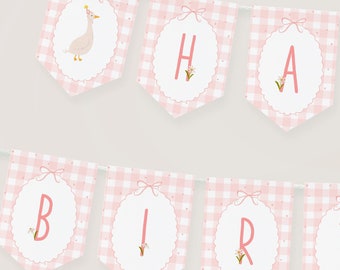 May include: Pink and white gingham banner with the words "Happy Birthday" in white letters with a small flower design. The first flag has a white goose with a crown on its head.