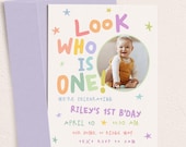 Girl 1st Birthday Photo Invitation, Printable First Birthday Party Invite Template C315
