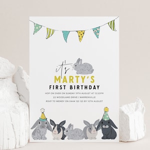 Rabbit Birthday Invitation | Editable Bunny Birthday Invite Template | Bunnies Birthday Bunting Printable Invitation | Instant Download 8164