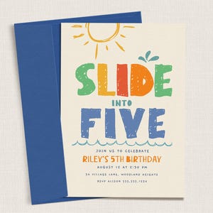 May include: A cream-colored birthday invitation card with a blue envelope. The card features a hand-drawn yellow sun, blue waves, and the colorful text "SLIDE INTO FIVE" followed by "JOIN US TO CELEBRATE RILEY'S 5TH BIRTHDAY" and event details.