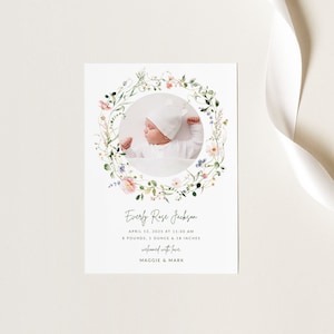 Tarjeta de anuncio de nacimiento con flores silvestres y fotos, plantilla de tarjeta de anuncio de nacimiento imprimible, anuncio de nacimiento floral editable B700