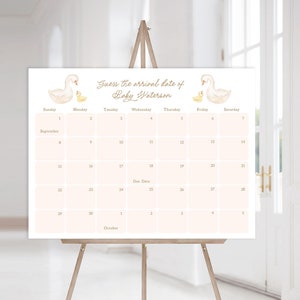 Gans Baby Shower Due Date Kalender, errate das Fälligkeitsdatum Baby Shower Spiel, Gingham Girl Baby Shower Due Date Kalender, Template B866