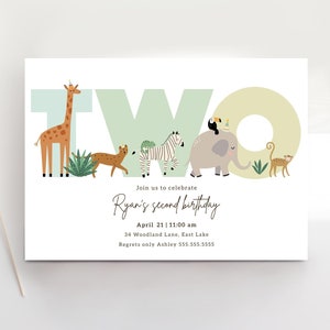 Deux invitation sauvage, invitation modifiable pour le 2e anniversaire de la jungle, modèle d'invitation de fête Safari imprimable, deuxième anniversaire de garçon Evite B396
