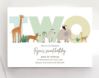 Two Wild Invitation, Editable Jungle 2nd Birthday Invitation, Printable Safari Party Invitation Template, Boy Second Birthday Evite B396