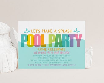 Pool Party Birthday Invitation, Printable Birthday Invite, Summer Birthday, Swim party, Splash Party Invitation, Printable Digital B345