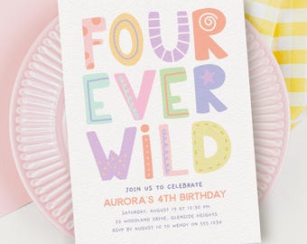 Four Ever Wild Girl 4e verjaardagsuitnodiging, bewerkbare sjabloon C214