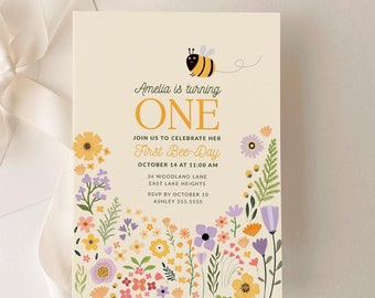First Bee Day Invitation, Girl 1st Wildflower Birthday Invite Editable Template B935