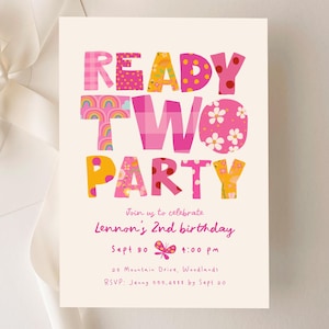 May include: A rectangular birthday invitation card on a cream background featuring the colourful text READY TWO PARTY in various patterns including rainbows, polka dots, and flowers. Below, the text reads: Join us to celebrate Lennon's 2nd birthday, Sept 30, 4:00 pm, 88 Mountain Drive, Woodlands, RSVP: Jenny 555-6889 by Sept 20.