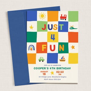 May include: A rectangular birthday invitation card with a blue envelope. The card features a colourful grid of squares with icons of a sun, train, helicopter, rainbow, car, boat, and stars. Text reads: JUST 4 FUN, COOPER'S 4TH BIRTHDAY, AUGUST 18, 02:30 PM.
