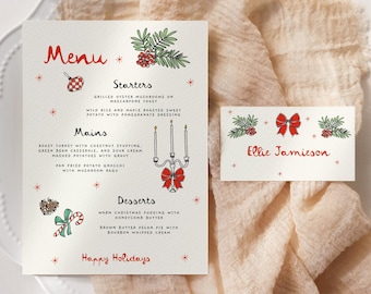 May include: A festive Christmas menu and place card set. The menu features hand-drawn illustrations and text in red and black, with a holiday theme. The place card has a name written in red script.