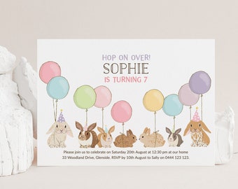 Bunny 7th Birthday Invitation Template | Editable Bunnies Balloons Birthday Party Invite | Printable Pastel Invitation Instant Download 8137