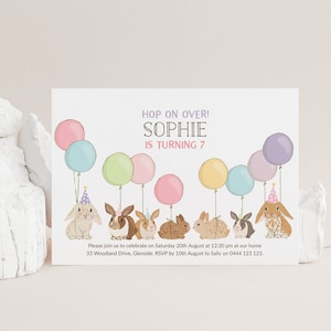 Bunny 7th Birthday Invitation Template | Editable Bunnies Balloons Birthday Party Invite | Printable Pastel Invitation Instant Download 8137
