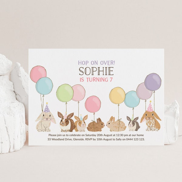 Bunny 7th Birthday Invitation Template | Editable Bunnies Balloons Birthday Party Invite | Printable Pastel Invitation Instant Download 8137