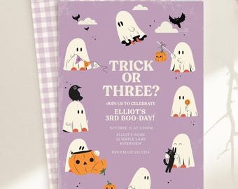 Trick or Three Birthday Party Invitation, Halloween Party Invite Template B458