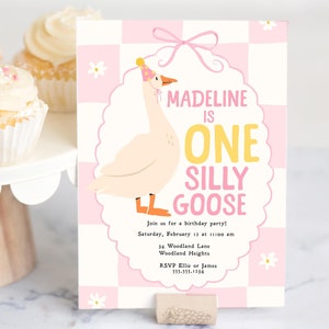 One Silly Goose Birthday Invitation, Goose 1st Birthday Party Invitation Template, Editable Pink Goose First Birthday Evite B834