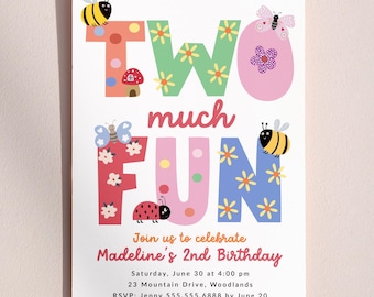 Two Much Fun Invitation, Girl 2nd Birthday Party Invite Template Digital Download B378