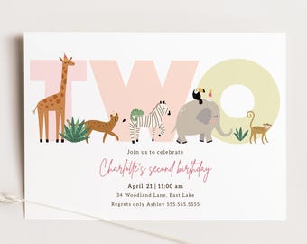 Two Wild Animal Invitation, Editable Safari 2nd Birthday Party Invite B395