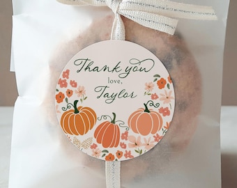 Pumpkin Thank You Sticker Template, Printable Fall Birthday Party Favor Circles C076