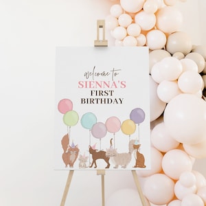 Welcome Sign for Girl Birthday Editable Welcome Poster Printable Kitten Birthday Party Decor Girl 1st Birthday Cat & Kitten Birthday 8140