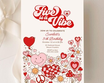 Cinco es una invitación genial, plantilla de invitación para fiesta de cumpleaños número 5 de niña con corazón genial B617