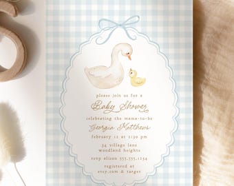 Invitation baby shower oie, modèle d'invitation baby shower garçon Vichy bleu B867