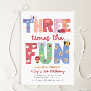 Faire-part trois fois plus amusant, modèle d'invitation à une fête d'anniversaire fille printanière pour son 3e anniversaire B378