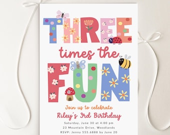 Three Times the Fun Invitation, Spring Girl 3rd Birthday Party Invite Template B378