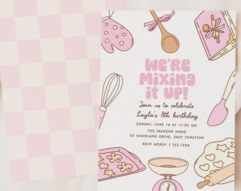 Roze uitnodiging voor een verjaardagsfeest met bakthema, bewerkbare sjabloon voor een taartbakfeestje B753