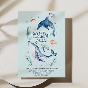 Sea Birthday Invitation Template, Editable Pool Party Invite, Whale Dolphin Birthday invitation, Printable Under the Sea Invitation 4365