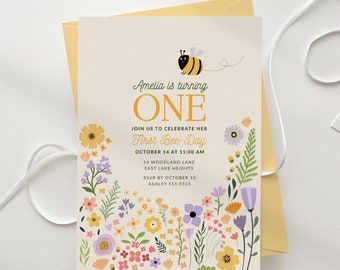 First Bee Day Invitation, Wildflower 1st Birthday Invite Editable Template B935