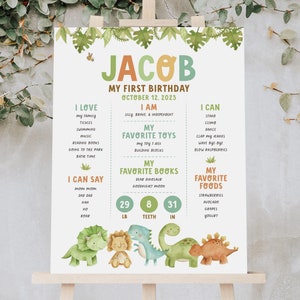 Dinosaur Milestone Poster, Editable Boy 1st Birthday Milestone Board, Dinosaur Birthday Milestone Poster, Printable Dino Party Decor 22110C