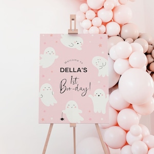 Pink Halloween Birthday Party Sign Spooky One Editable Template for Girl 1st Birthday Welcome Poster for Easel Printable Ghost Decor B107