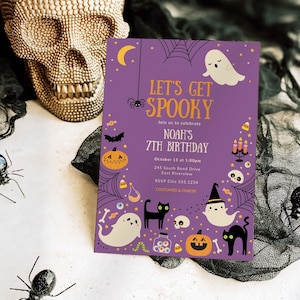 Modèle d'invitation d'anniversaire effrayant, invitation fête d'anniversaire Halloween violet, bonbons d'Halloween modifiables, fantômes, citrouilles Party Evite B422