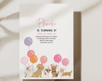 Dog Birthday Invitation Template, Puppy Invitation for Girl 5th Birthday Editable, Hot Pink Party Invite Digital, Puppies with Balloons 8130