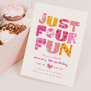 Colorful Just Four Fun Girl 4th Birthday Invitation, Pink Fourth Birthday Party Invite C481