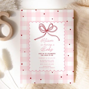 Pink Baby Shower Invitation, Hand Drawn Bow Baby Shower Invitation Template B542
