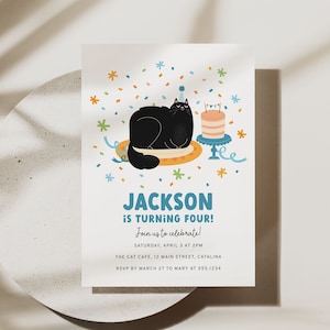 Cat Birthday Invitation Template, Editable Black Cat Party Invite Template, Birthday Invitation for Cat Lover Boy 4th Birthday 8346