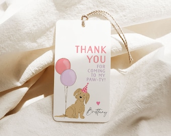 Könnte beinhalten: Danke, dass du zu meiner Pfotenparty gekommen bist! Eine weiße Karte mit einem braunen Hund, der einen rosa Partyhut trägt und rosa und lila Ballons hält. Der Text "Danke, dass du zu meiner Pfotenparty gekommen bist!" ist in rosa und schwarz geschrieben. Der Name "Brittany" ist in rosa unten auf der Karte geschrieben.