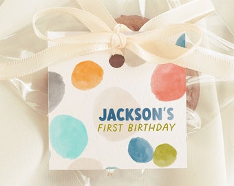 Dot Birthday Tags | Editable Favor Tag Template | Boy Birthday Decorations | Watercolour Blue Orange Polka Dots, Printable Party Favors 8316
