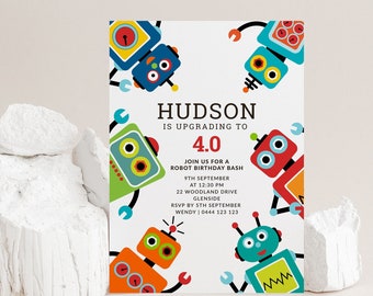 Robot Birthday Invitation | Editable Robot Party Invite | Boy Birthday Robot Invitation Template | 4th Birthday Party Invitation Robots 1120
