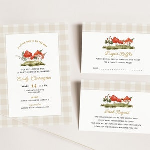 Suite d'invitations baby shower champignons, invitation baby shower automne Cottagecore, billets de tombola de couches, livres pour carte de bébé imprimable B508
